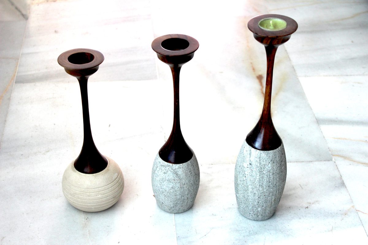 Candelabros madera piedra trío artesanía decoración hogar Granada