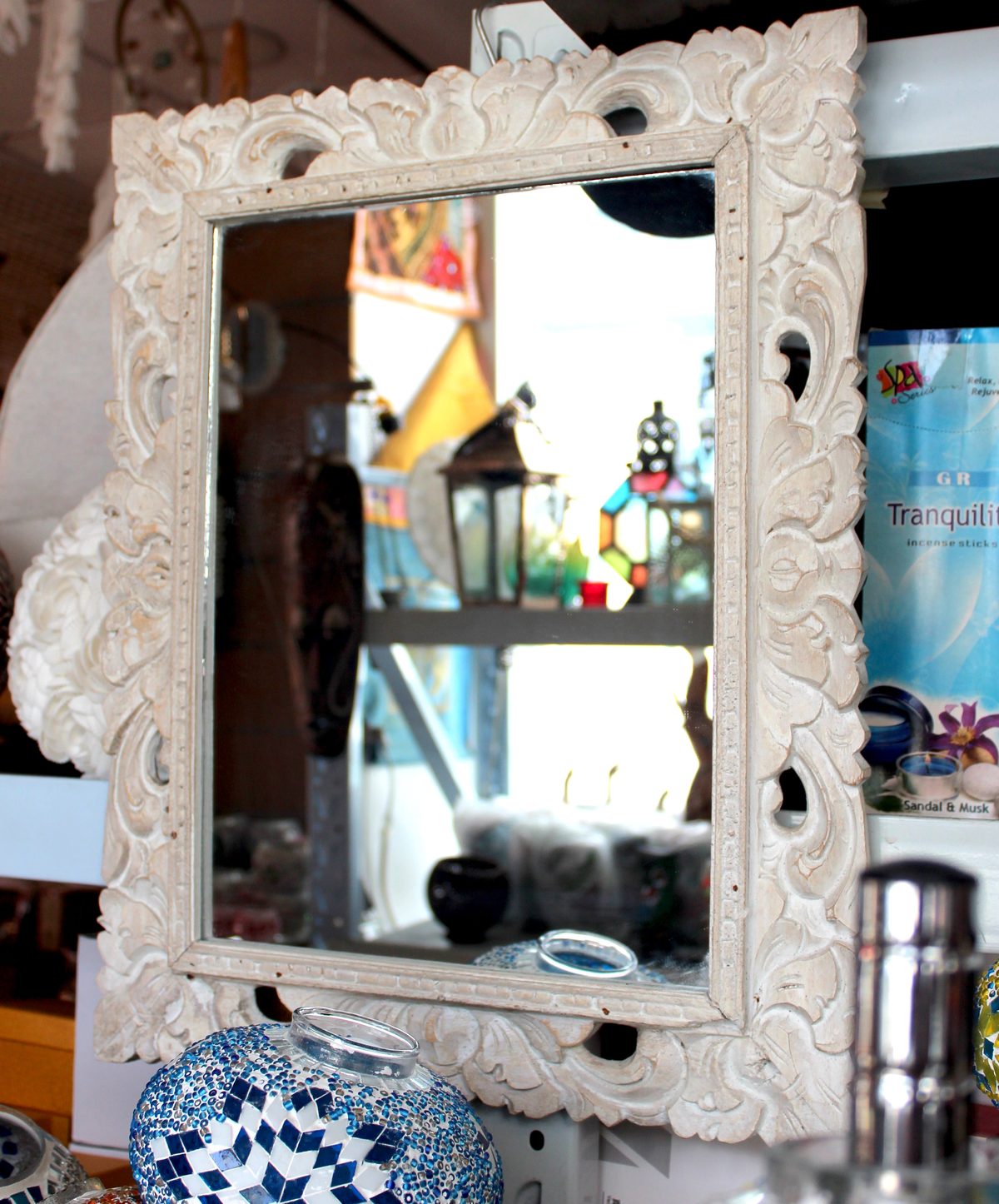 Espejo madera tallada barroco blanco Bali decoración artesanía Granada