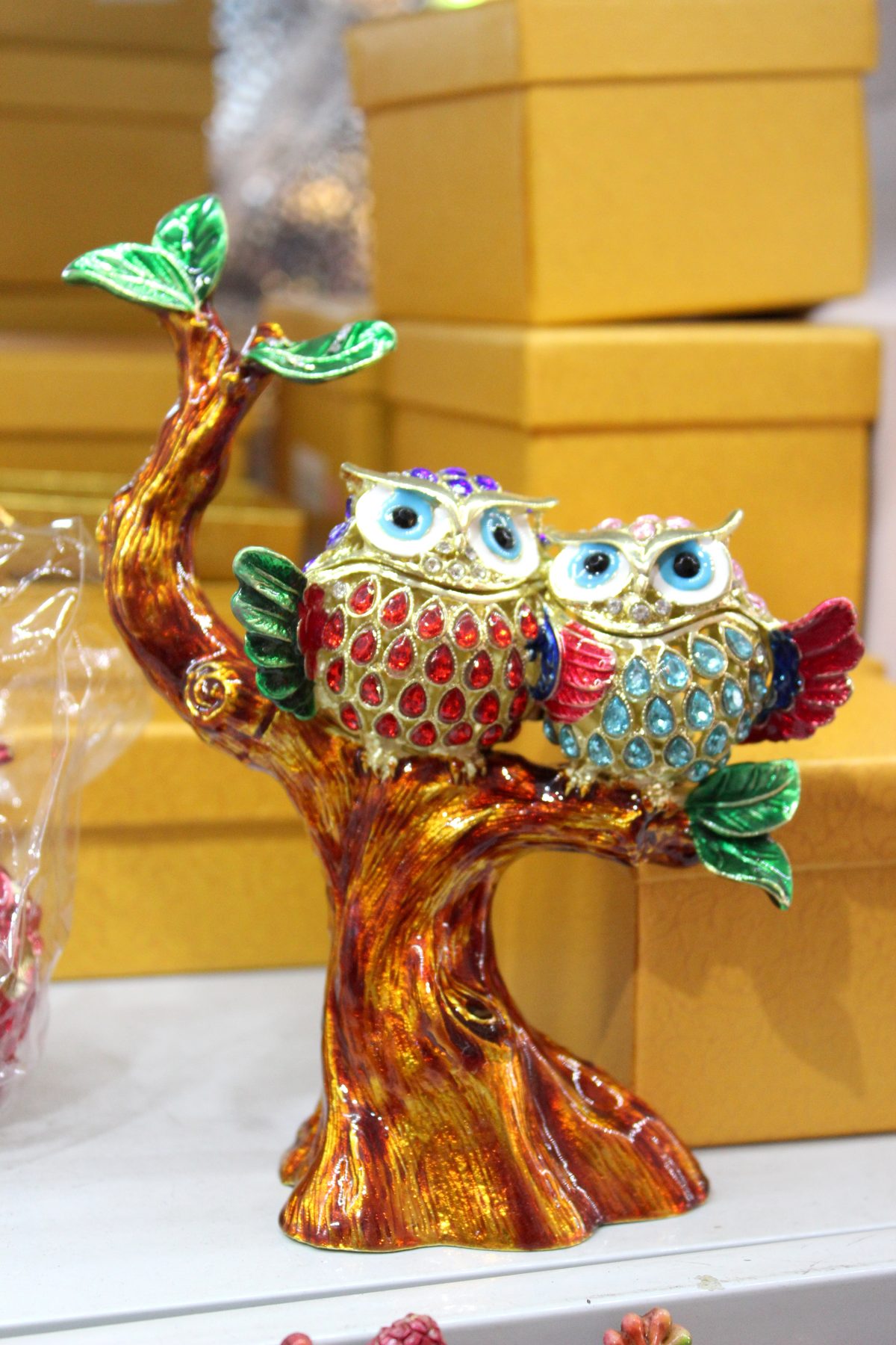 Figura búhos árbol esmaltada cristales colores decoración artesanía Granada