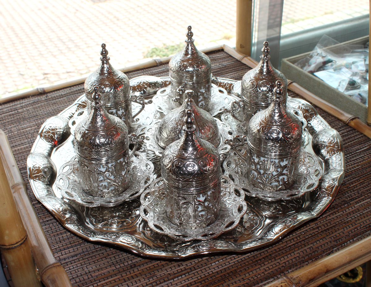 Juego café turco plateado bandeja artesanía Turquía hogar regalo Granada