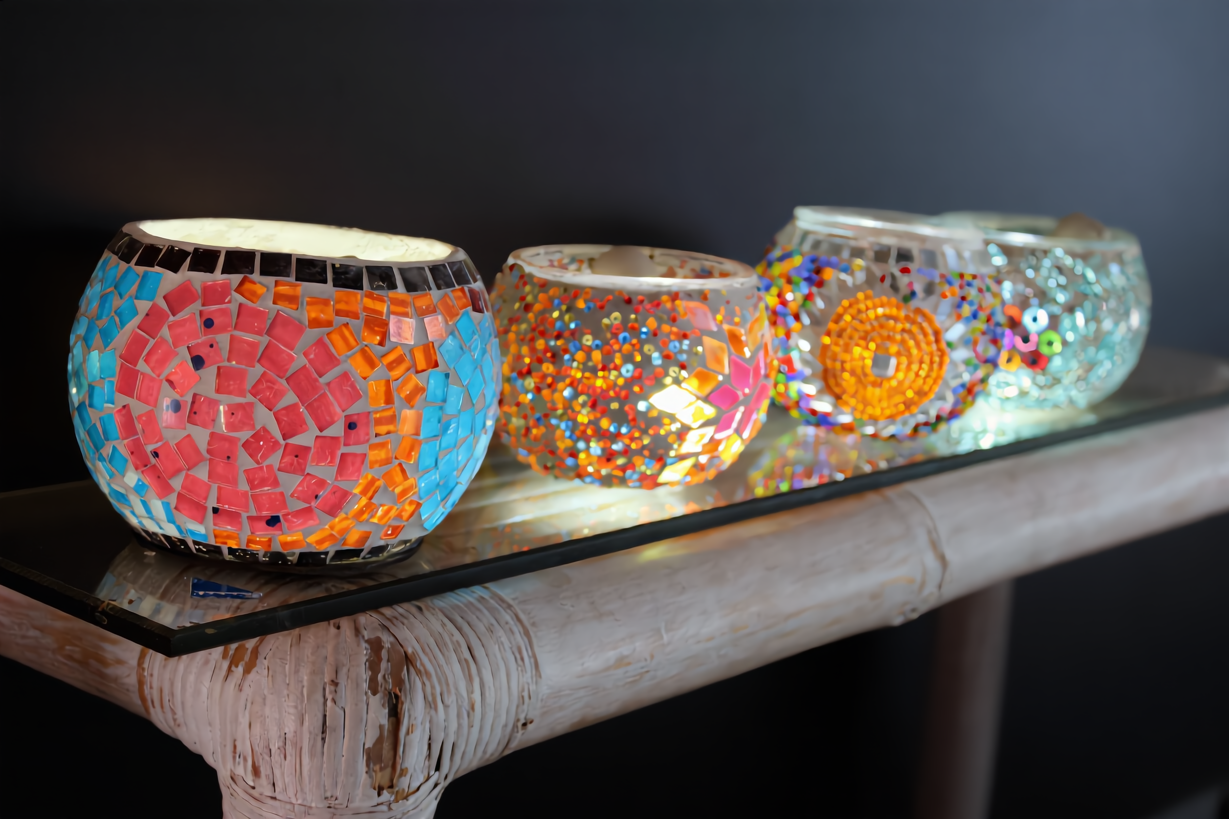 Portavelas mosaico cristal coloridos trío artesanía turca iluminación decoración Granada