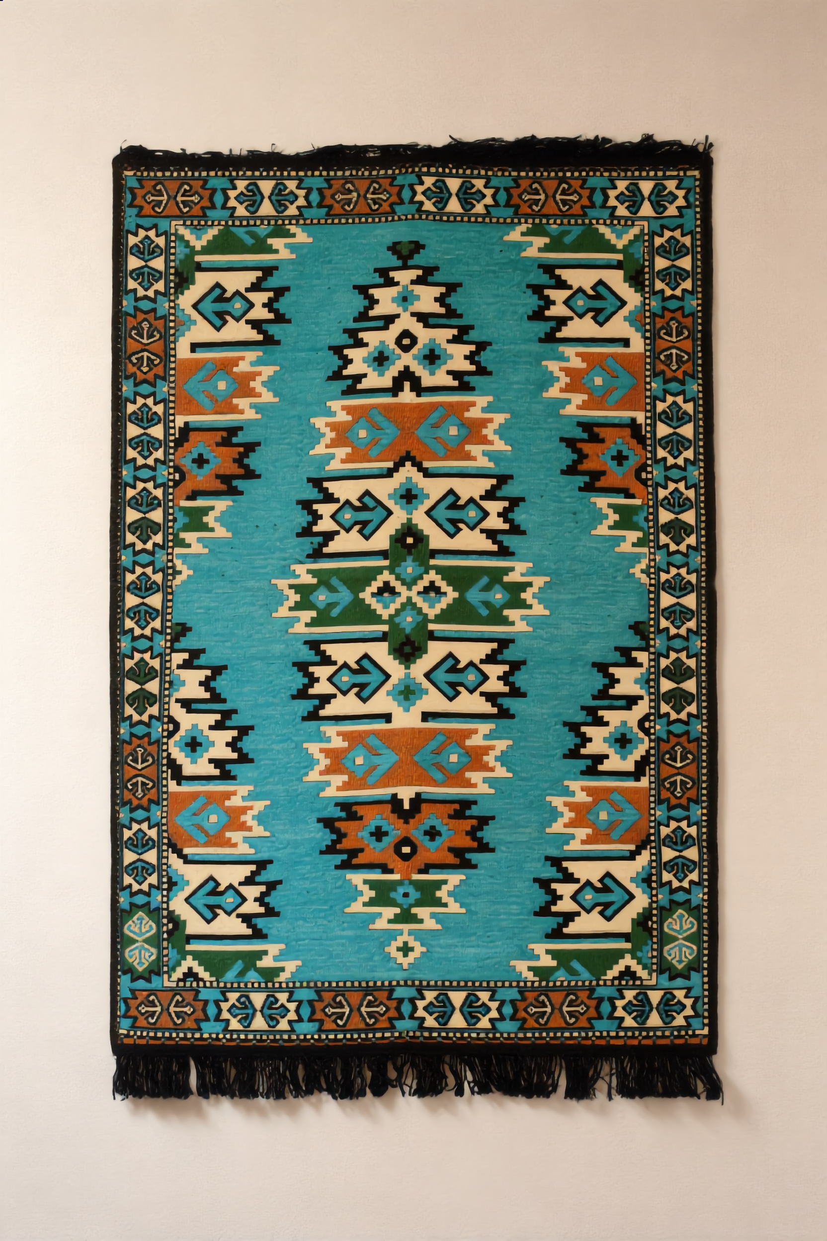 Tapiz tribal geométrico turquesa naranja textil decoración pared artesanía Granada
